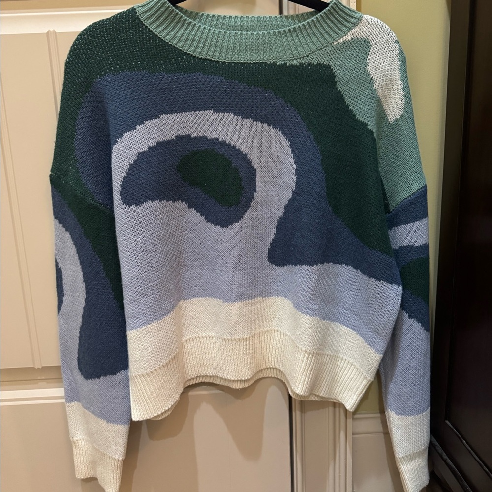SHEIN Abstract Wave Sweater - Green, Blue, and Cream